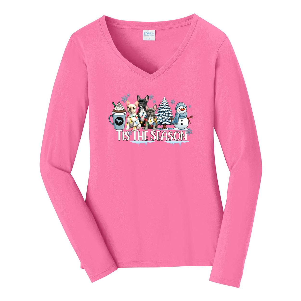French Bulldog Tis The Season Winter Port & Company® Ladies Long Sleeve Fan Favorite™ V-Neck Tee LPC450VLS - WagALotBowWow