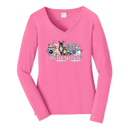 French Bulldog Tis The Season Winter Port & Company® Ladies Long Sleeve Fan Favorite™ V-Neck Tee LPC450VLS - WagALotBowWow