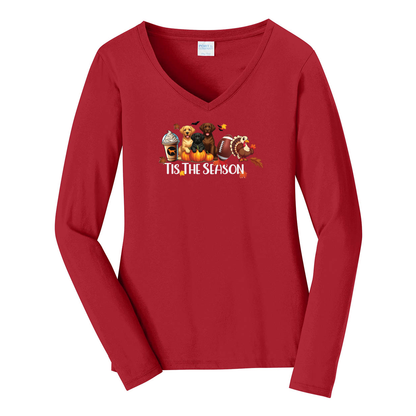 Labrador Tis The Season Turkey Port & Company® Ladies Long Sleeve Fan Favorite™ V-Neck Tee LPC450VLS - WagALotBowWow