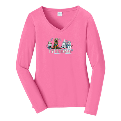 Weimaraner Tis The Season Winter Port & Company® Ladies Long Sleeve Fan Favorite™ V-Neck Tee LPC450VLS - WagALotBowWow