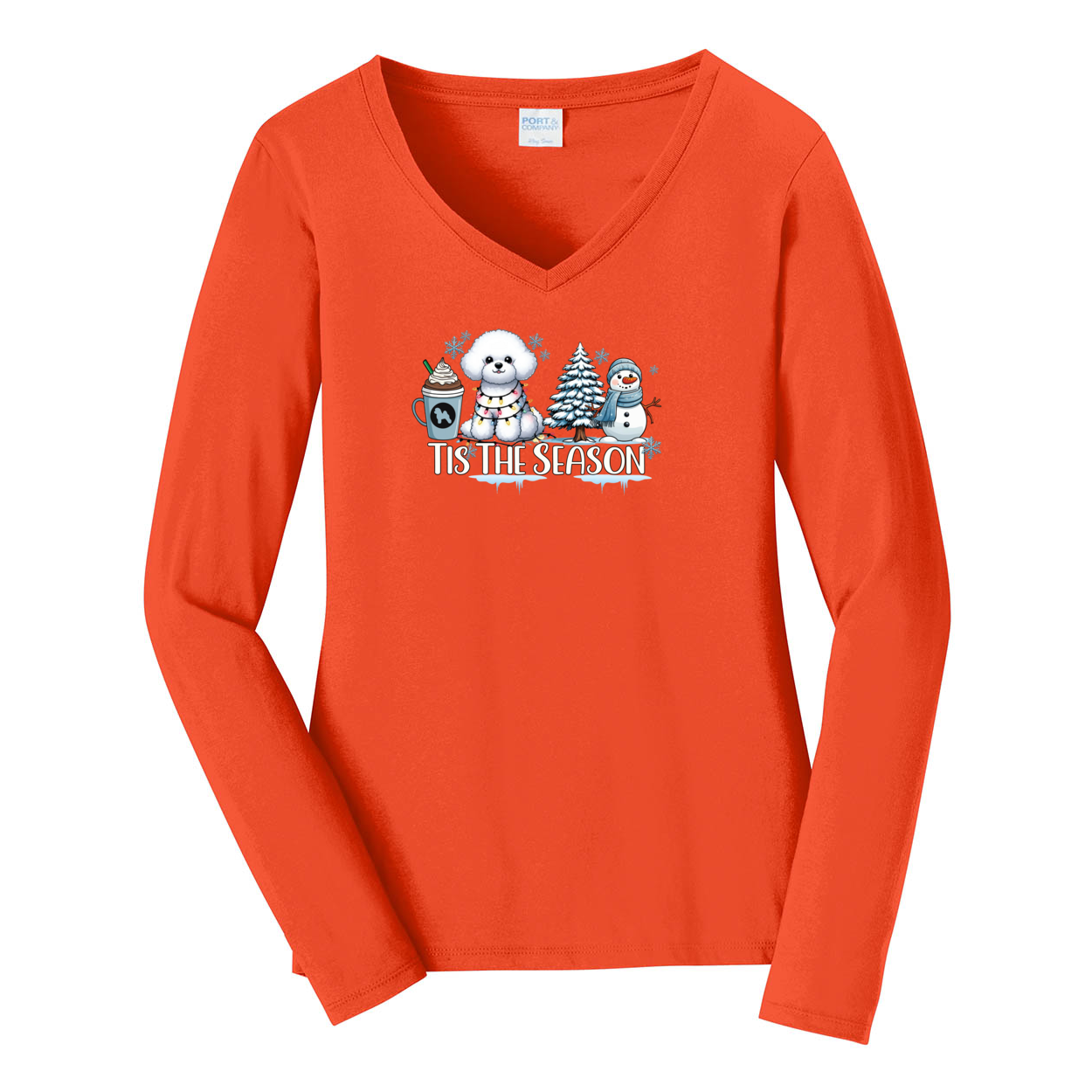 Bichon Frisé Tis The Season Winter Port & Company® Ladies Long Sleeve Fan Favorite™ V-Neck Tee LPC450VLS - WagALotBowWow