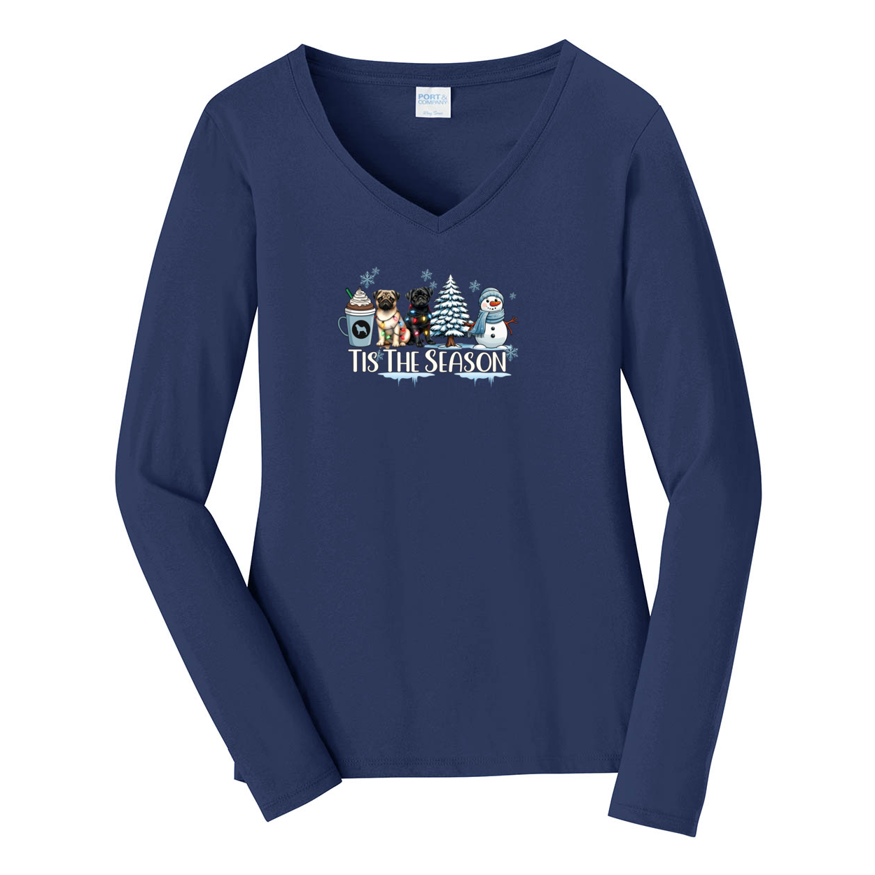 Pug Tis The Season Winter Ladies Long Sleeve Fan Favorite™ V-Neck Tee - WagALotBowWow