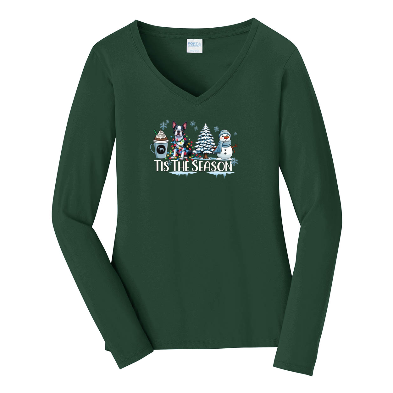 Boston Terrier Tis The Season Winter Port & Company® Ladies Long Sleeve Fan Favorite™ V-Neck Tee LPC450VLS - WagALotBowWow