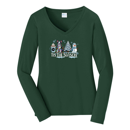 Boston Terrier Tis The Season Winter Port & Company® Ladies Long Sleeve Fan Favorite™ V-Neck Tee LPC450VLS - WagALotBowWow
