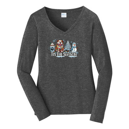 BullDog Tis The Season Winter Port & Company® Ladies Long Sleeve Fan Favorite™ V-Neck Tee LPC450VLS - WagALotBowWow