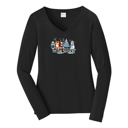 Shiba Inu Tis The Season Winter Port & Company® Ladies Long Sleeve Fan Favorite™ V-Neck Tee LPC450VLS - WagALotBowWow