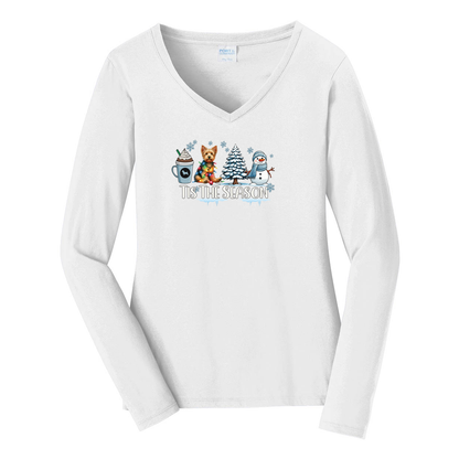 Australian Terrier Tis The Season Winter Port & Company® Ladies Long Sleeve Fan Favorite™ V-Neck Tee LPC450VLS - WagALotBowWow