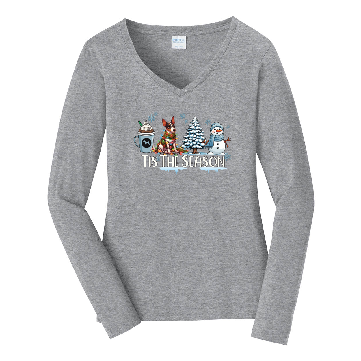 Rat Terrier Tis The Season Winter Port & Company® Ladies Long Sleeve Fan Favorite™ V-Neck Tee LPC450VLS - WagALotBowWow