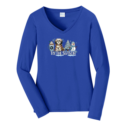 Lowchen Tis The Season Winter Port & Company® Ladies Long Sleeve Fan Favorite™ V-Neck Tee LPC450VLS - WagALotBowWow