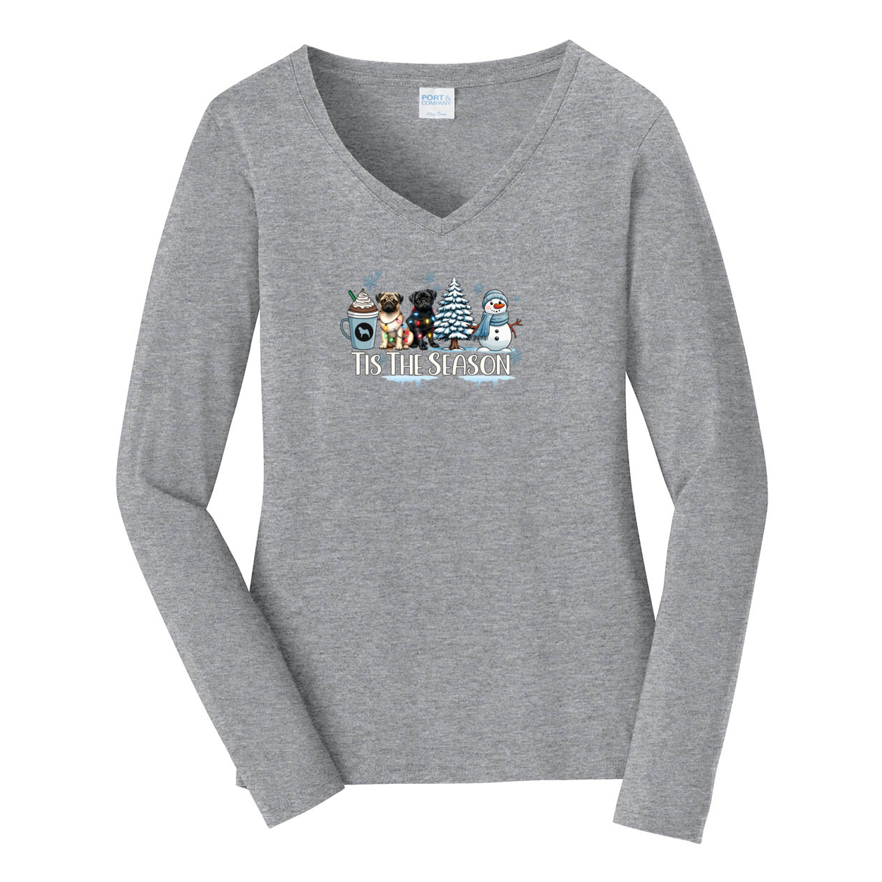 Pug Tis The Season Winter Ladies Long Sleeve Fan Favorite™ V-Neck Tee - WagALotBowWow