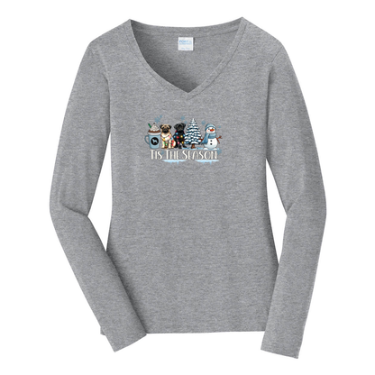 Pug Tis The Season Winter Ladies Long Sleeve Fan Favorite™ V-Neck Tee - WagALotBowWow