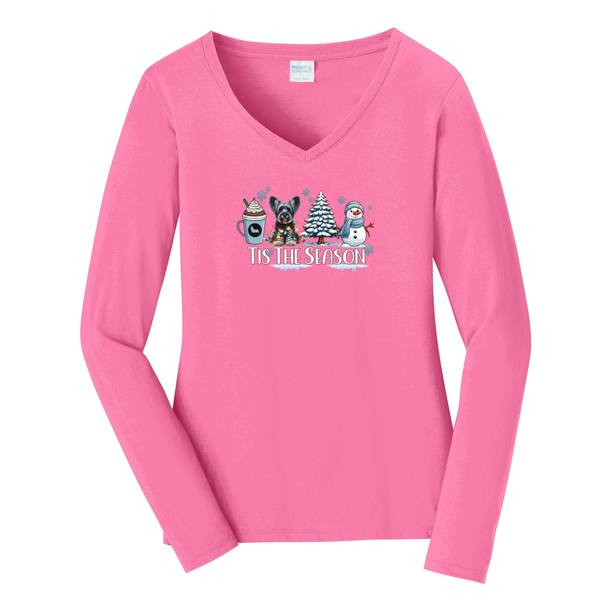 Skye Terrier Tis The Season Winter Port & Company® Ladies Long Sleeve Fan Favorite™ V-Neck Tee LPC450VLS - WagALotBowWow