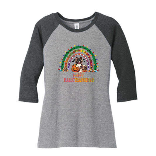 Akita HalloThanksMas District ® Women’s Perfect Tri ® 3/4-Sleeve Raglan - WagALotBowWow
