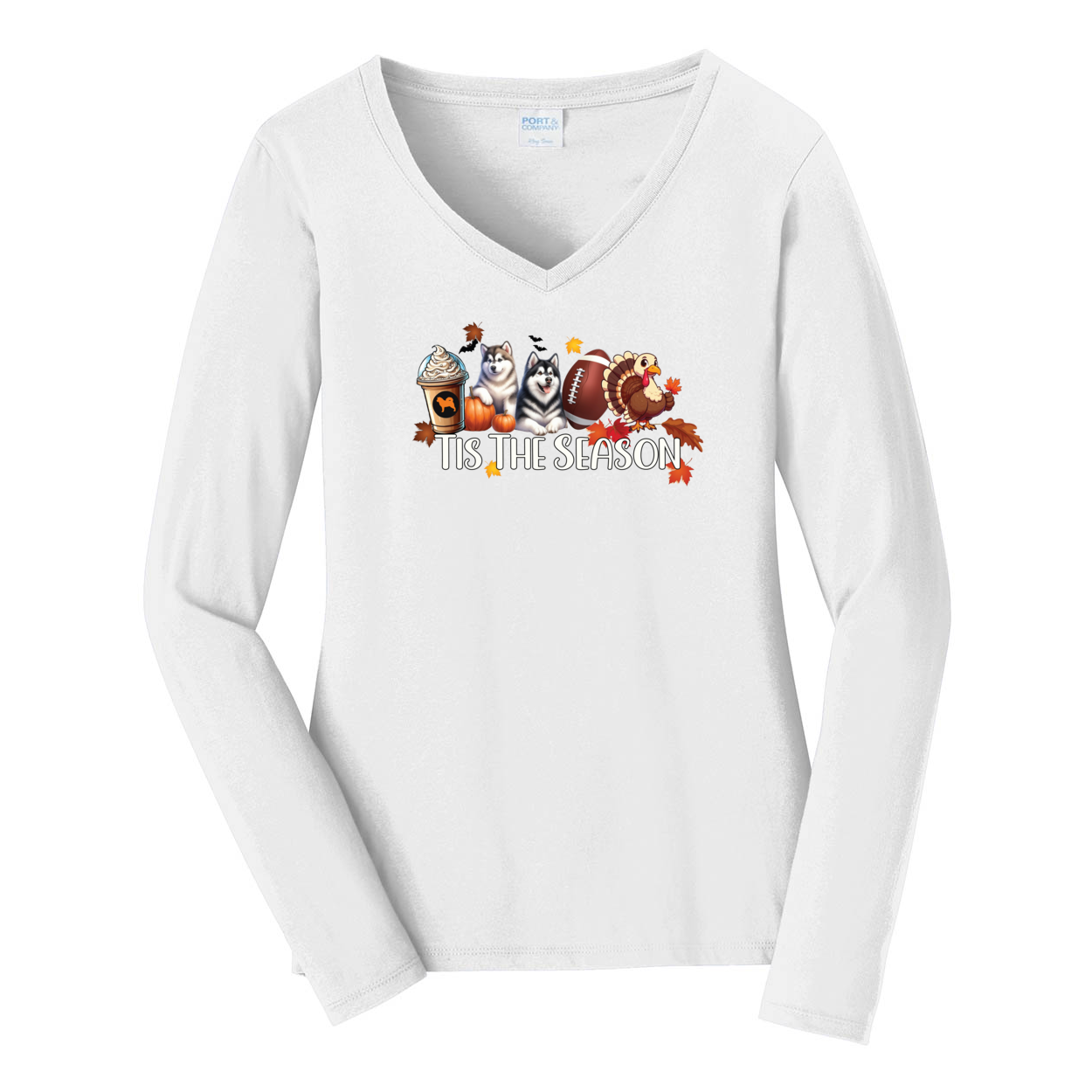Alaskan Malamute Tis The Season Fall Port & Company® Ladies Long Sleeve Fan Favorite™ V-Neck Tee LPC450VLS - WagALotBowWow