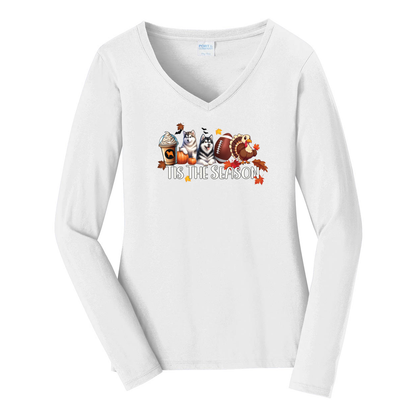 Alaskan Malamute Tis The Season Fall Port & Company® Ladies Long Sleeve Fan Favorite™ V-Neck Tee LPC450VLS - WagALotBowWow