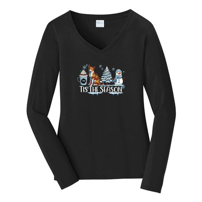 Basenji Tis The Season Winter Port & Company® Ladies Long Sleeve Fan Favorite™ V-Neck Tee LPC450VLS - WagALotBowWow