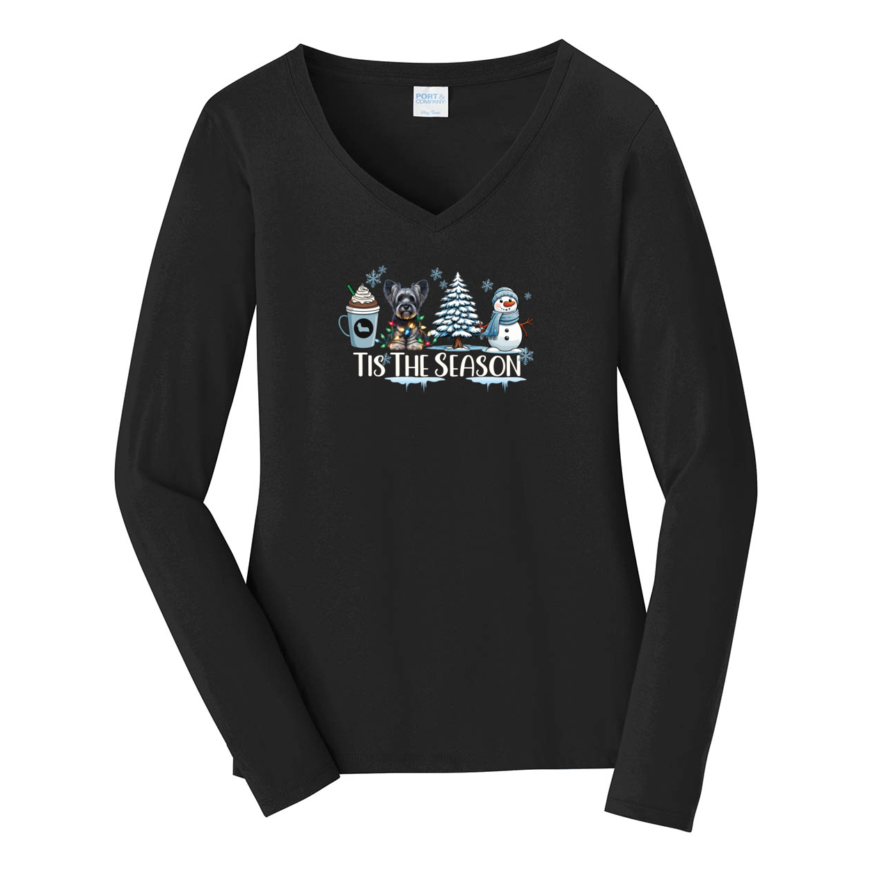Skye Terrier Tis The Season Winter Port & Company® Ladies Long Sleeve Fan Favorite™ V-Neck Tee LPC450VLS - WagALotBowWow
