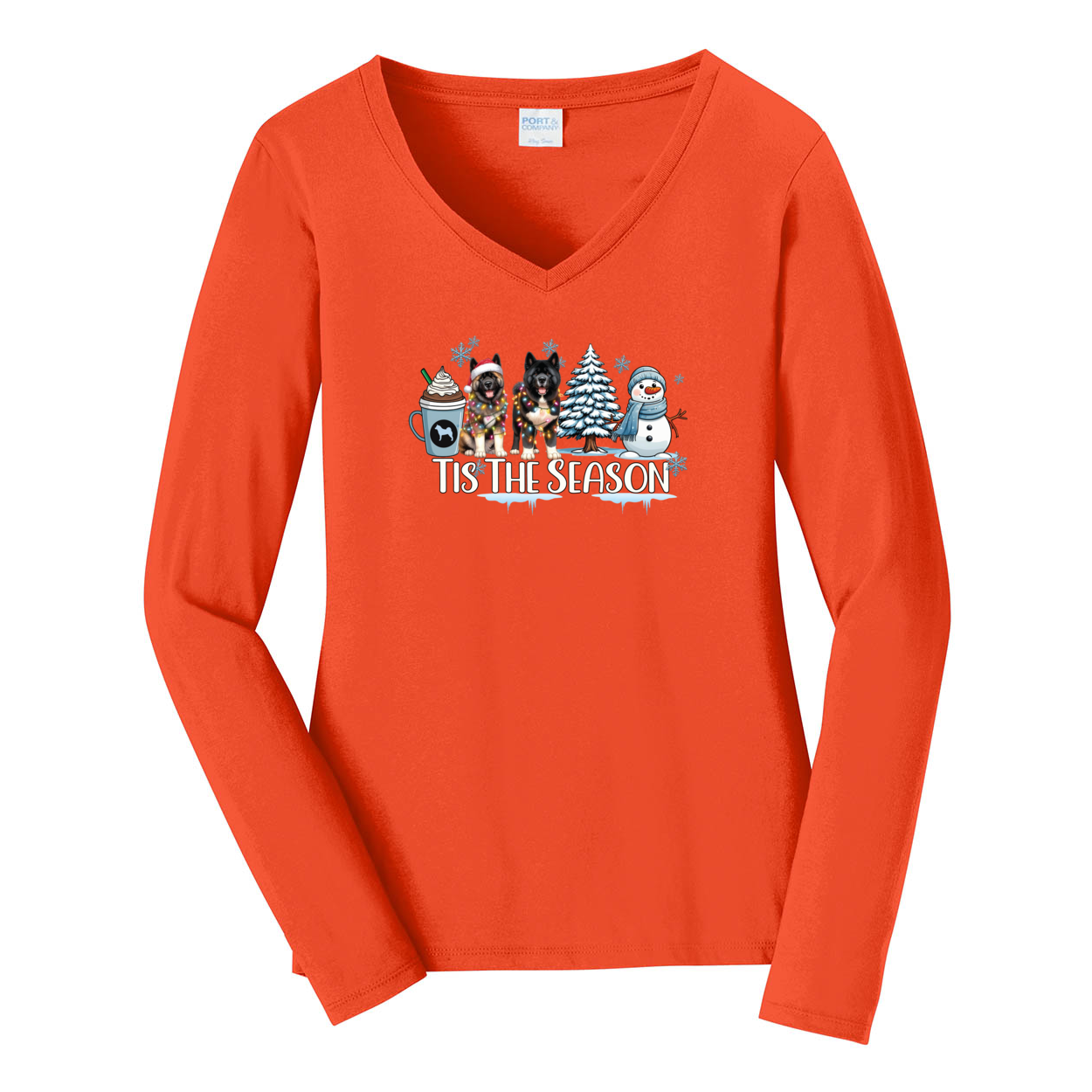Akita Tis The Season Winter Port & Company® Ladies Long Sleeve Fan Favorite™ V-Neck Tee LPC450VLS - WagALotBowWow
