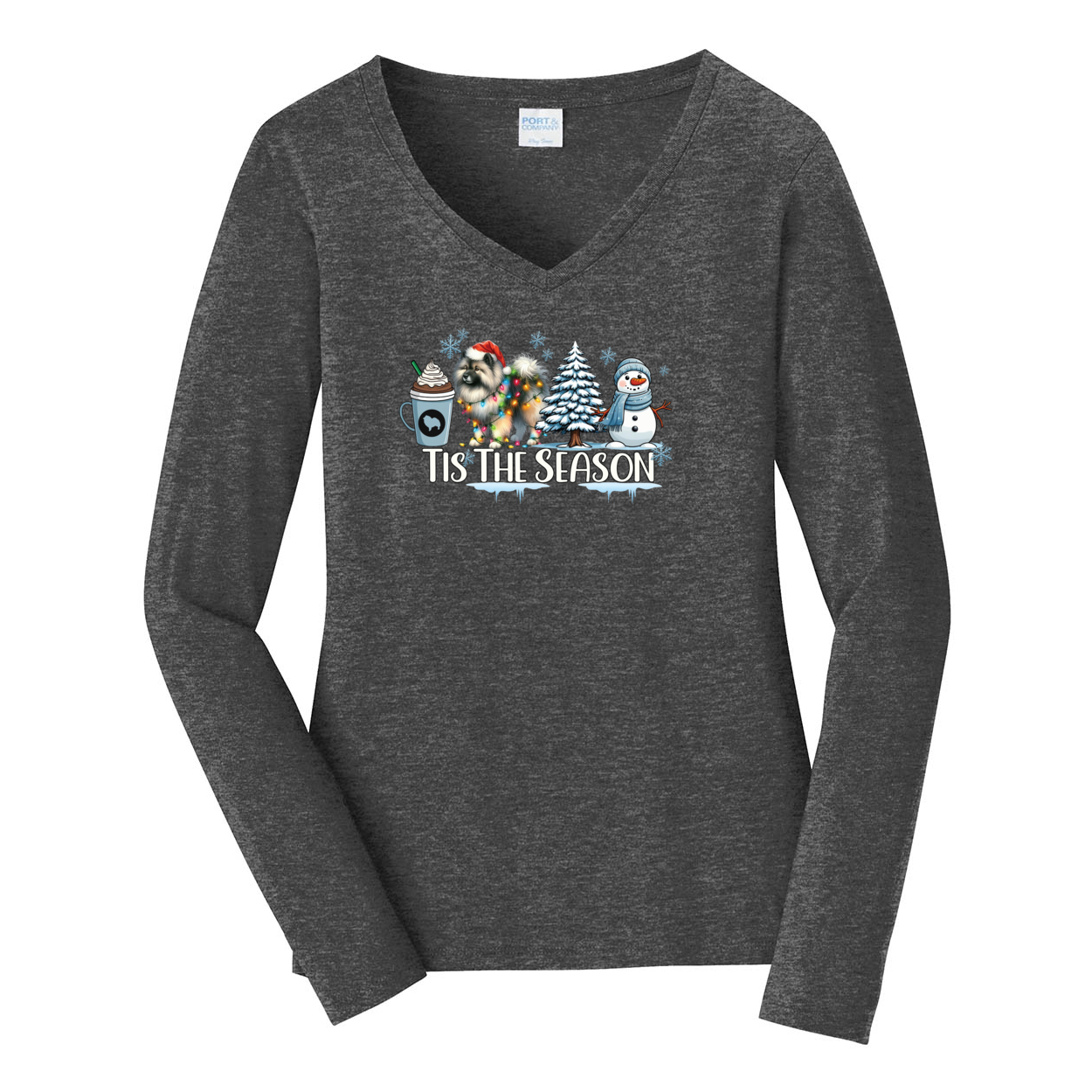 Keeshond Tis The Season Winter Port & Company® Ladies Long Sleeve Fan Favorite™ V-Neck Tee LPC450VLS - WagALotBowWow
