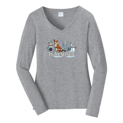 Basenji Tis The Season Winter Port & Company® Ladies Long Sleeve Fan Favorite™ V-Neck Tee LPC450VLS - WagALotBowWow
