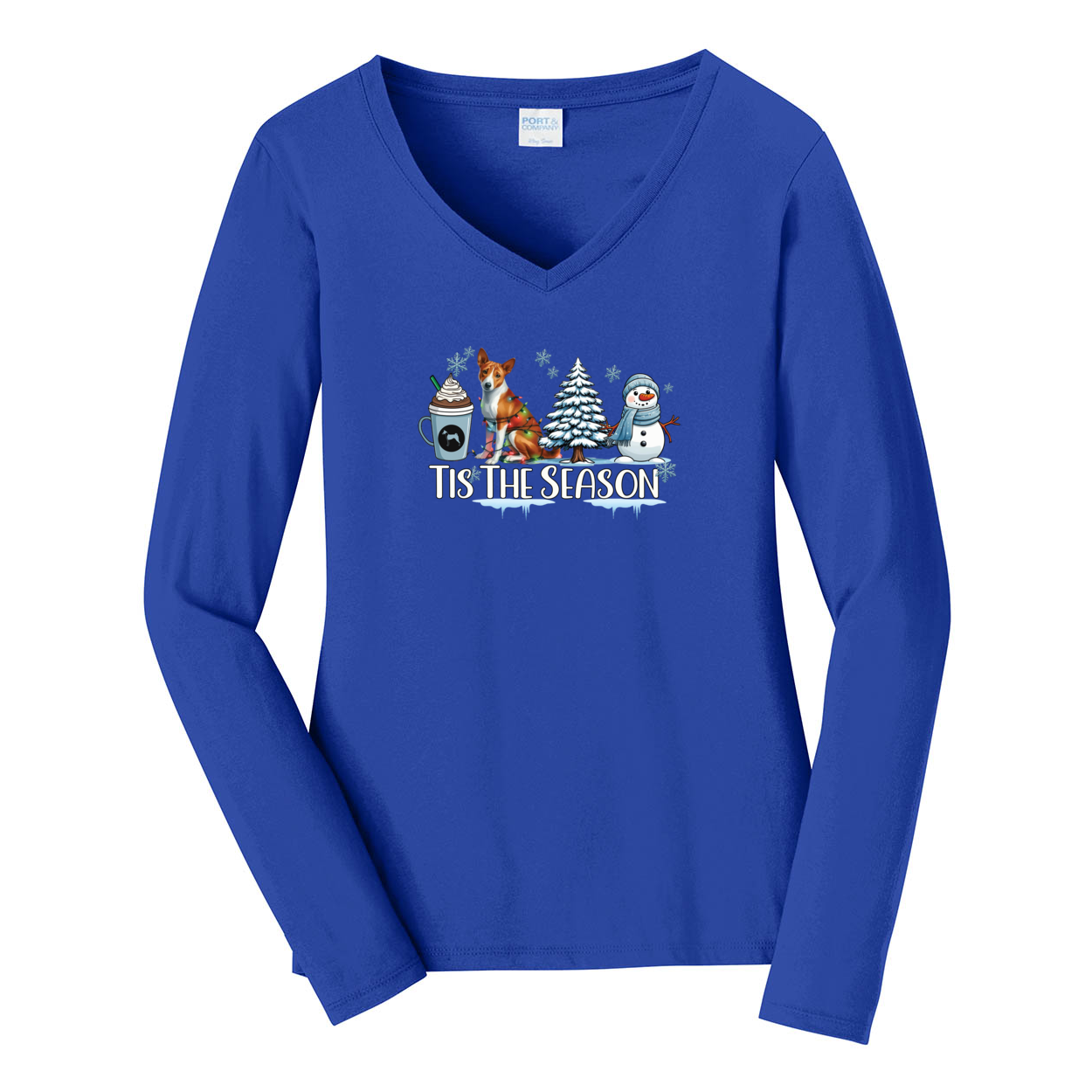 Basenji Tis The Season Winter Port & Company® Ladies Long Sleeve Fan Favorite™ V-Neck Tee LPC450VLS - WagALotBowWow