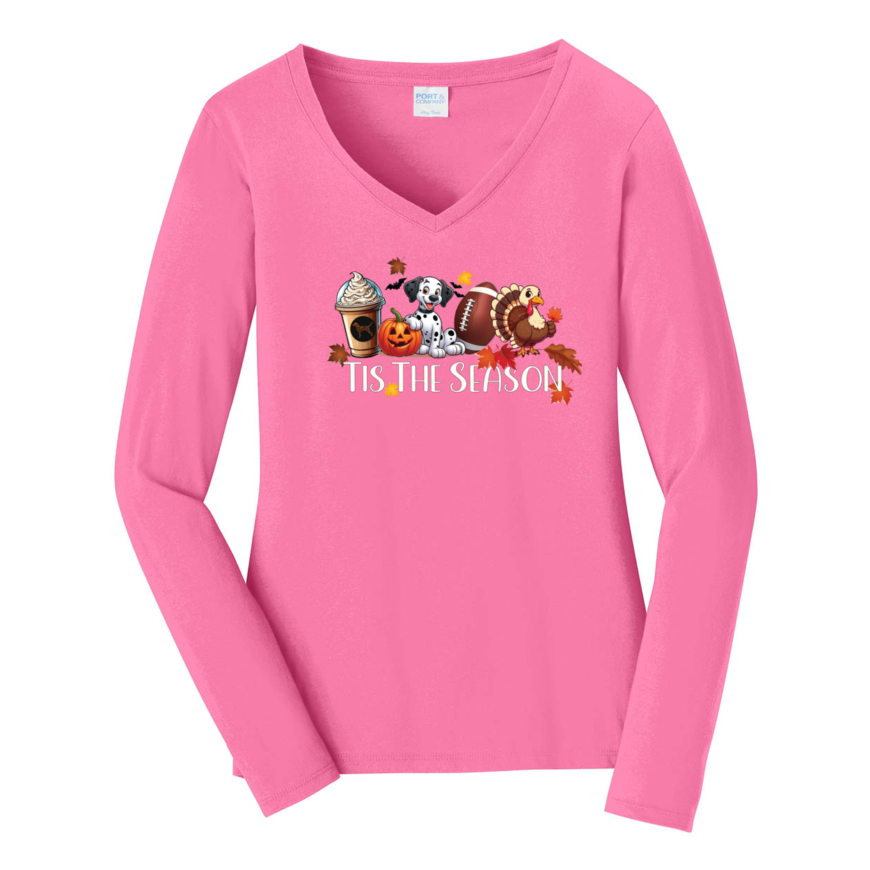Dalmatian Tis The Season Fall Port & Company® Ladies Long Sleeve Fan Favorite™ V-Neck Tee LPC450VLS - WagALotBowWow