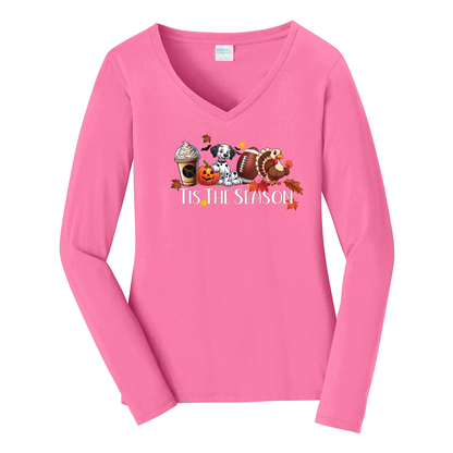 Dalmatian Tis The Season Fall Port & Company® Ladies Long Sleeve Fan Favorite™ V-Neck Tee LPC450VLS - WagALotBowWow