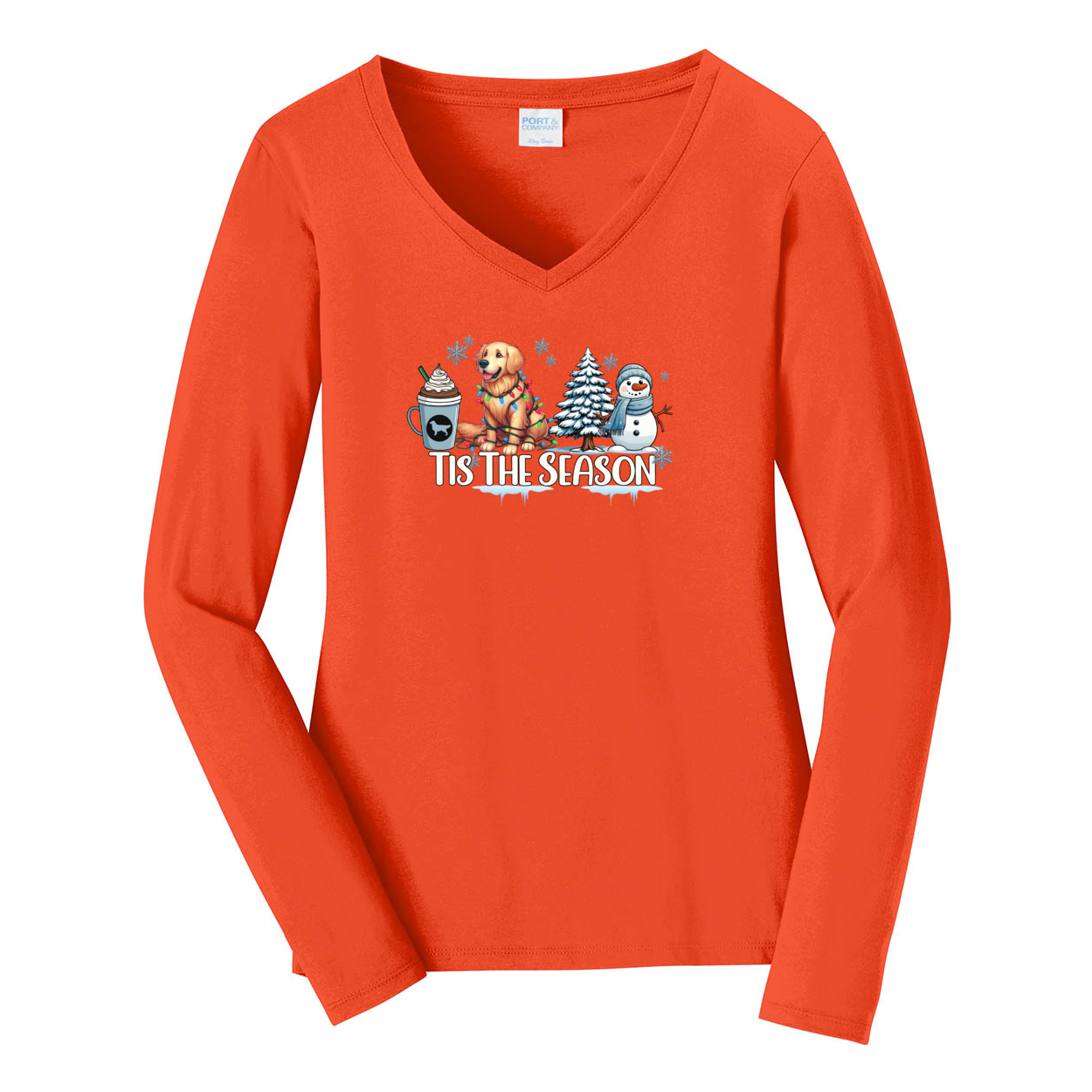 Golden Tis The Season Winter Port & Company® Ladies Long Sleeve Fan Favorite™ V-Neck Tee LPC450VLS - WagALotBowWow