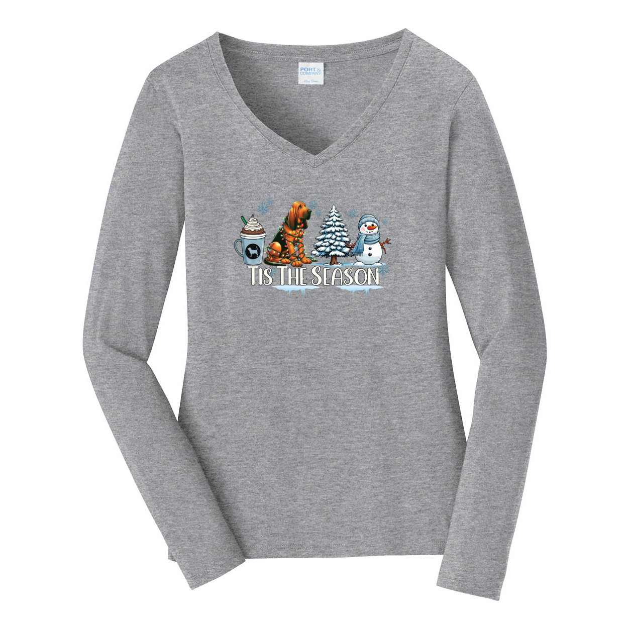 Bloodhound Tis The Season Winter Port & Company® Ladies Long Sleeve Fan Favorite™ V-Neck Tee LPC450VLS - WagALotBowWow