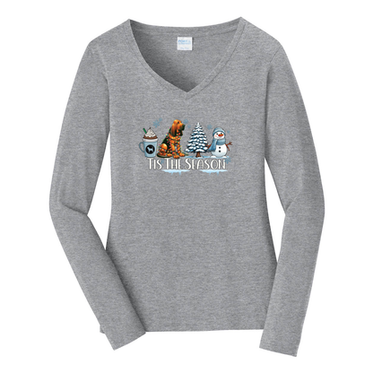 Bloodhound Tis The Season Winter Port & Company® Ladies Long Sleeve Fan Favorite™ V-Neck Tee LPC450VLS - WagALotBowWow