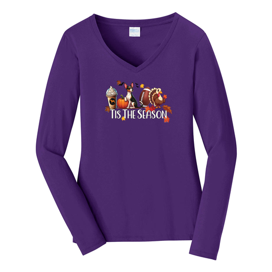 Rat Terrier Tis The Season Fall Port & Company® Ladies Long Sleeve Fan Favorite™ V-Neck Tee LPC450VLS - WagALotBowWow