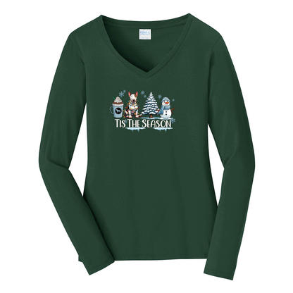 Bull Terrier Tis The Season Winter Port & Company® Ladies Long Sleeve Fan Favorite™ V-Neck Tee LPC450VLS - WagALotBowWow
