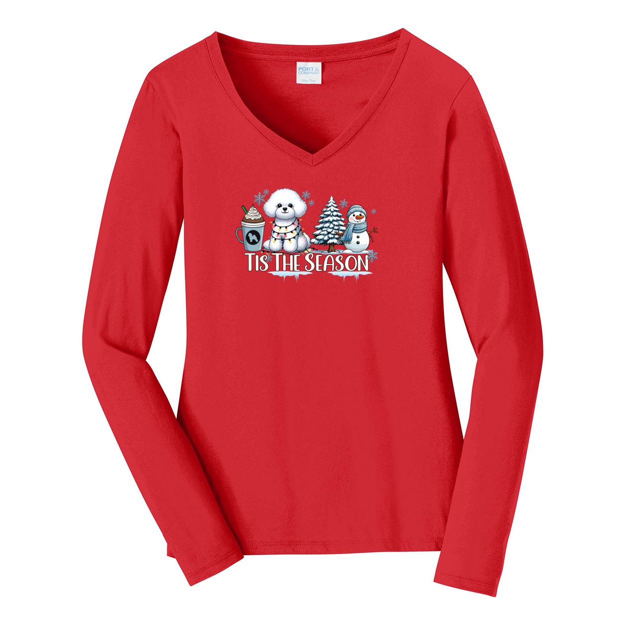 Bichon Frisé Tis The Season Winter Port & Company® Ladies Long Sleeve Fan Favorite™ V-Neck Tee LPC450VLS - WagALotBowWow