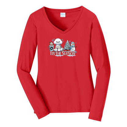 Bichon Frisé Tis The Season Winter Port & Company® Ladies Long Sleeve Fan Favorite™ V-Neck Tee LPC450VLS - WagALotBowWow