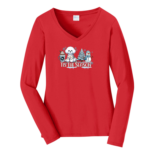 Bichon Frisé Tis The Season Winter Port & Company® Ladies Long Sleeve Fan Favorite™ V-Neck Tee LPC450VLS - WagALotBowWow