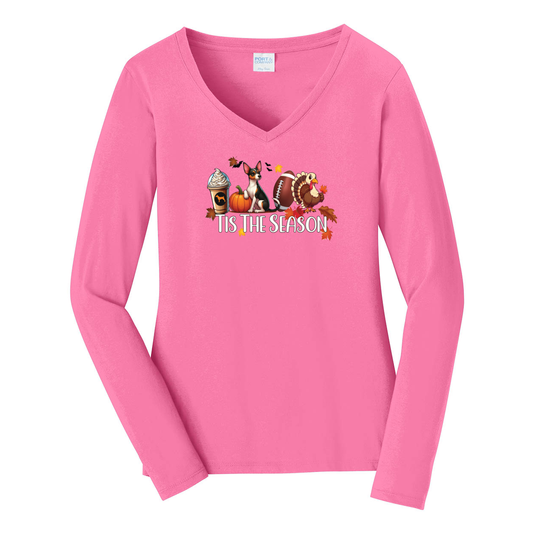 Rat Terrier Tis The Season Fall Port & Company® Ladies Long Sleeve Fan Favorite™ V-Neck Tee LPC450VLS - WagALotBowWow