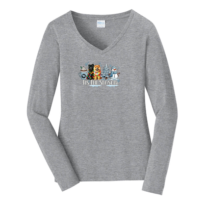 Chow Chow Tis The Season Winter Port & Company® Ladies Long Sleeve Fan Favorite™ V-Neck Tee LPC450VLS - WagALotBowWow