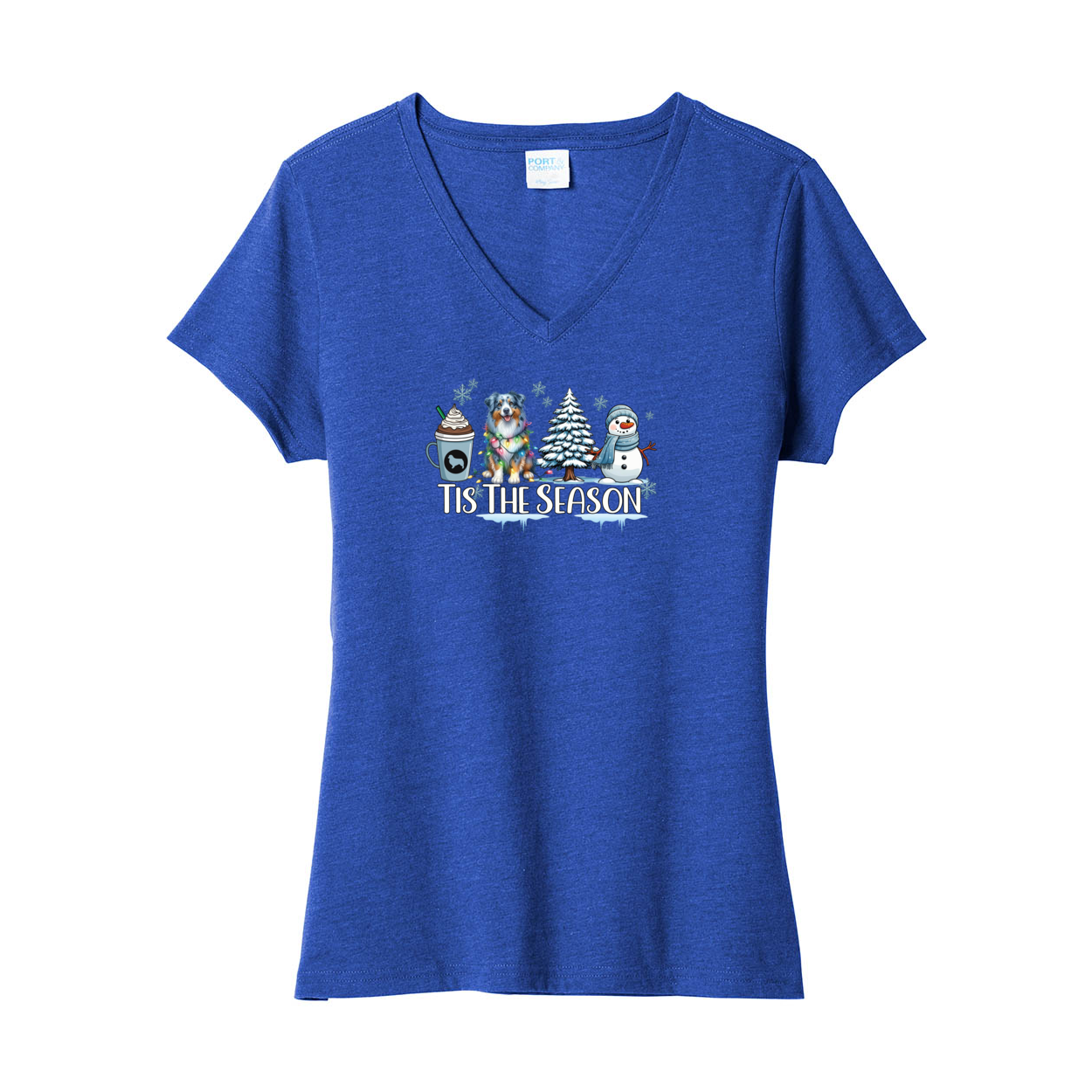 Blue Merle Australian Shepherd Winter V-Neck Tee SS - WagALotBowWow