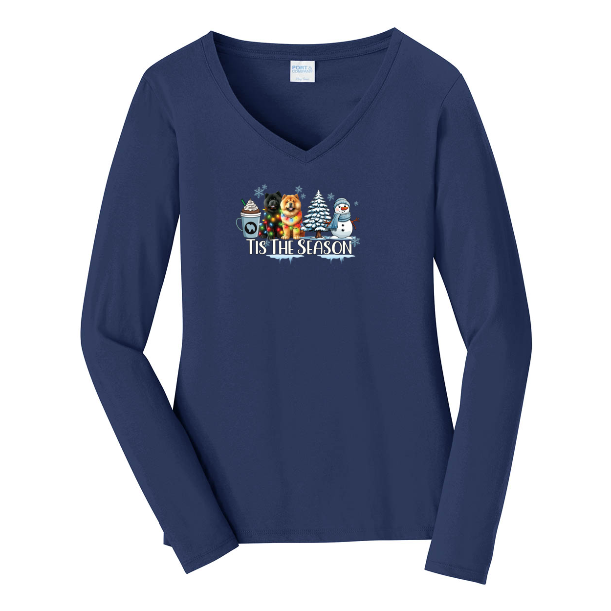 Chow Chow Tis The Season Winter Port & Company® Ladies Long Sleeve Fan Favorite™ V-Neck Tee LPC450VLS - WagALotBowWow