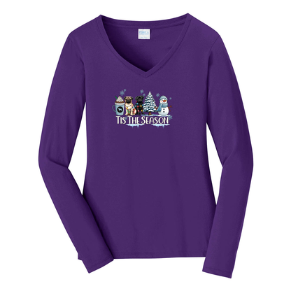 Pug Tis The Season Winter Ladies Long Sleeve Fan Favorite™ V-Neck Tee - WagALotBowWow