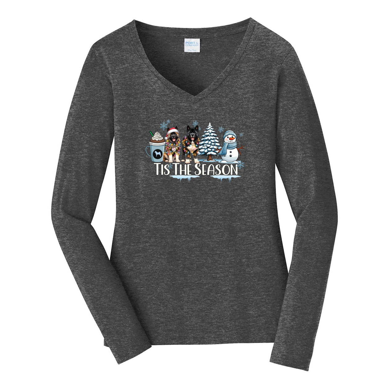 Akita Tis The Season Winter Port & Company® Ladies Long Sleeve Fan Favorite™ V-Neck Tee LPC450VLS - WagALotBowWow
