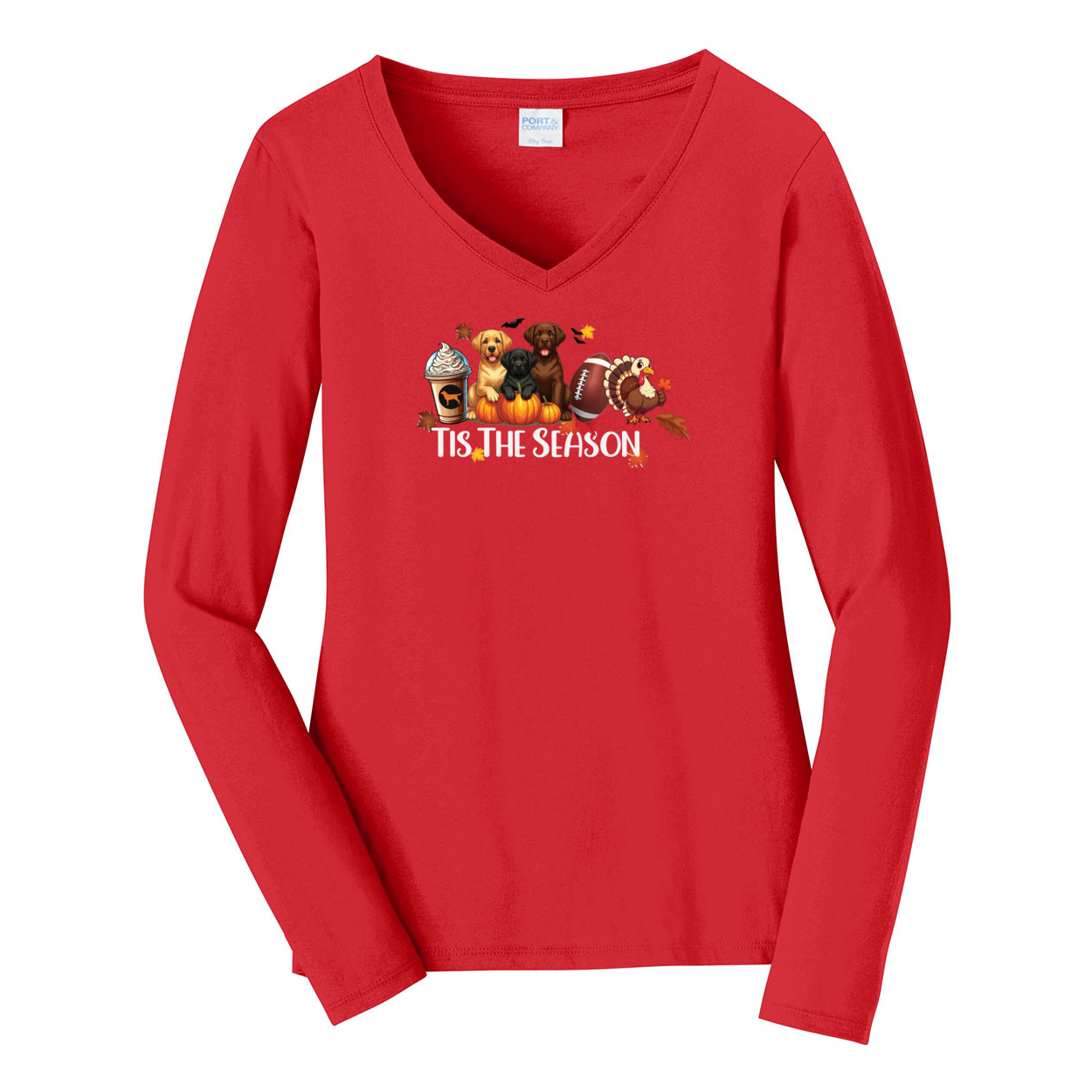 Labrador Tis The Season Turkey Port & Company® Ladies Long Sleeve Fan Favorite™ V-Neck Tee LPC450VLS - WagALotBowWow