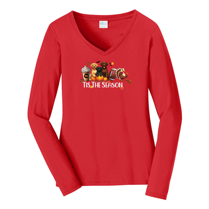 Labrador Tis The Season Turkey Port & Company® Ladies Long Sleeve Fan Favorite™ V-Neck Tee LPC450VLS - WagALotBowWow