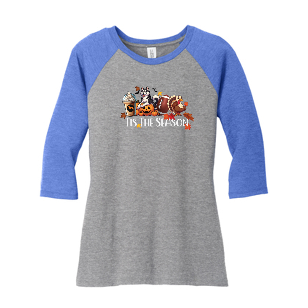 Tis The Season Fall Husky DM136L District ® Women’s Perfect Tri 3/4-Sleeve Raglan - WagALotBowWow