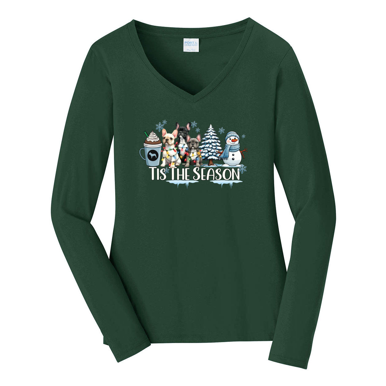French Bulldog Tis The Season Winter Port & Company® Ladies Long Sleeve Fan Favorite™ V-Neck Tee LPC450VLS - WagALotBowWow