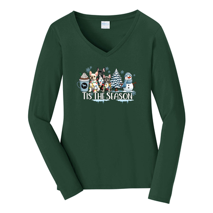 French Bulldog Tis The Season Winter Port & Company® Ladies Long Sleeve Fan Favorite™ V-Neck Tee LPC450VLS - WagALotBowWow