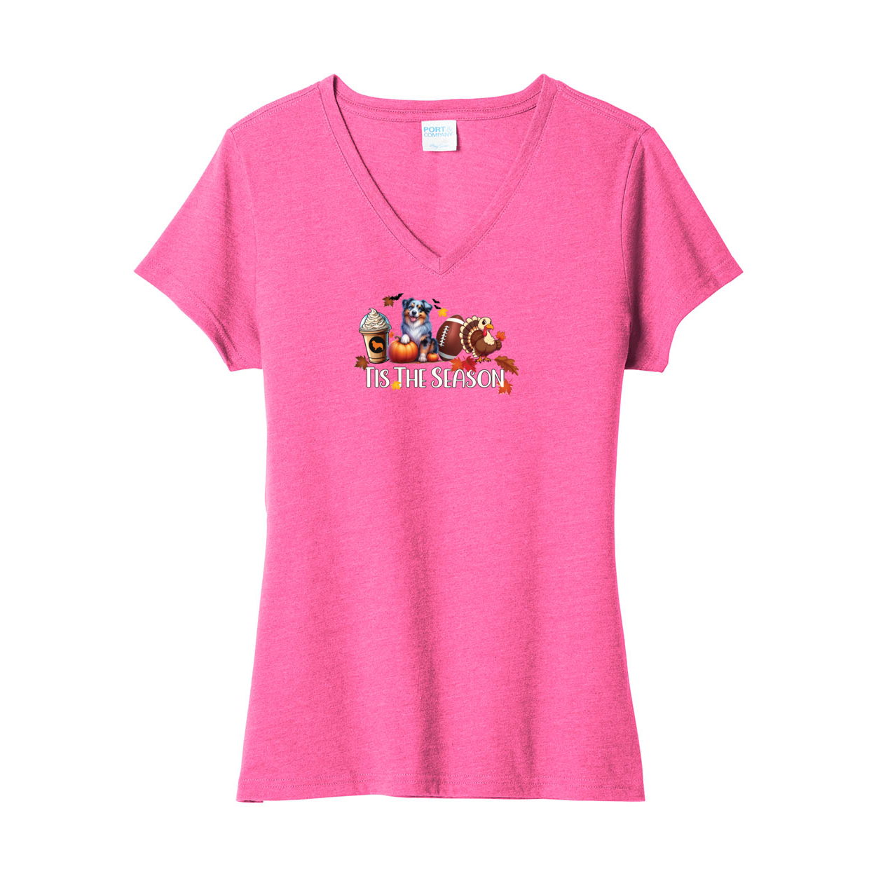 Blue Merle Aussie Tis The Season Fall V-Neck Tee SS - WagALotBowWow