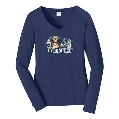 Lowchen Tis The Season Winter Port & Company® Ladies Long Sleeve Fan Favorite™ V-Neck Tee LPC450VLS - WagALotBowWow