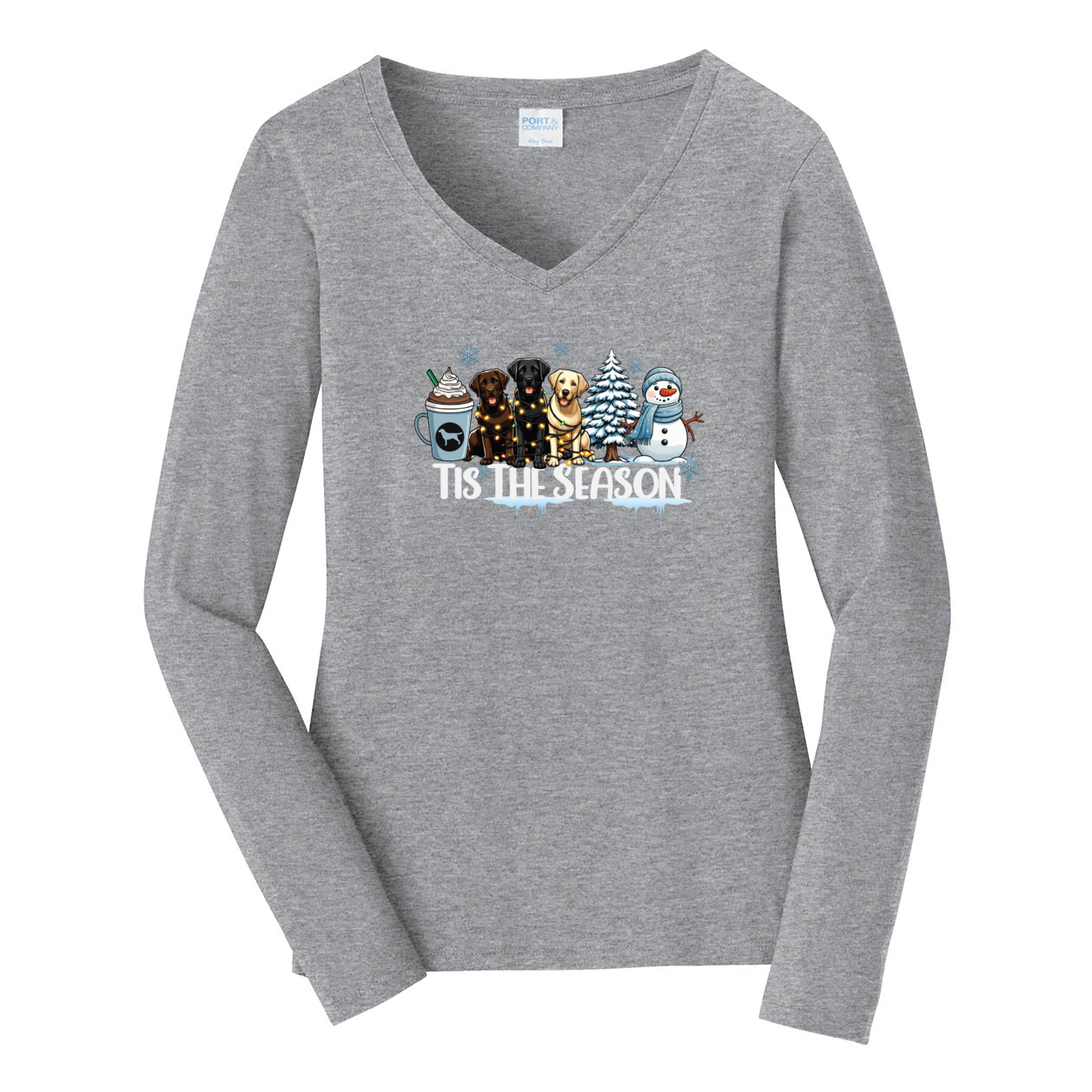 Labrador Tis The Season Winter Port & Company® Ladies Long Sleeve Fan Favorite™ V-Neck Tee LPC450VLS - WagALotBowWow