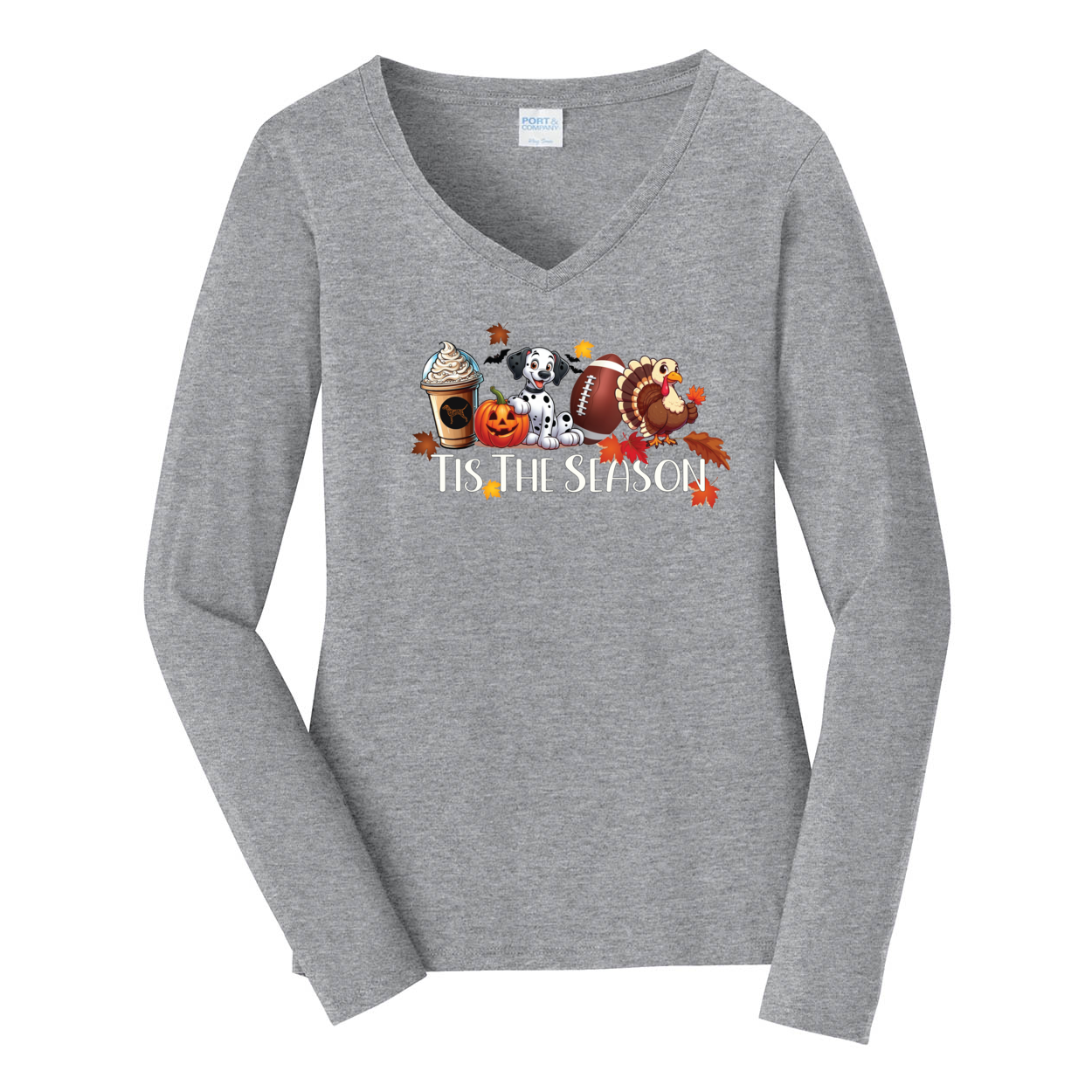 Dalmatian Tis The Season Fall Port & Company® Ladies Long Sleeve Fan Favorite™ V-Neck Tee LPC450VLS - WagALotBowWow
